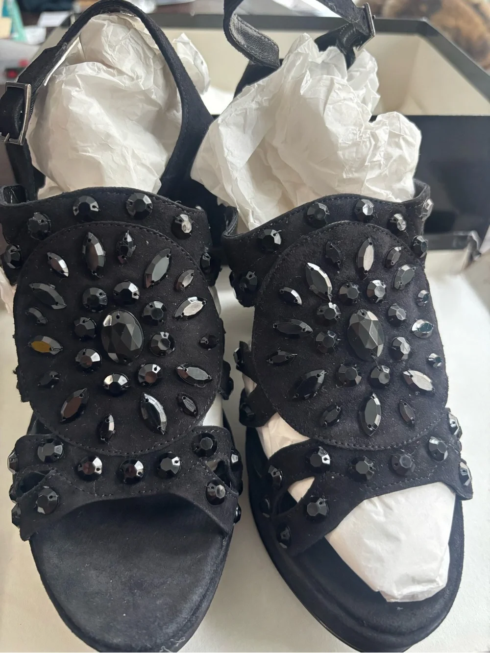 Isabella Fiore Black Jeweled Suede Platform Sandals with Cutout Straps